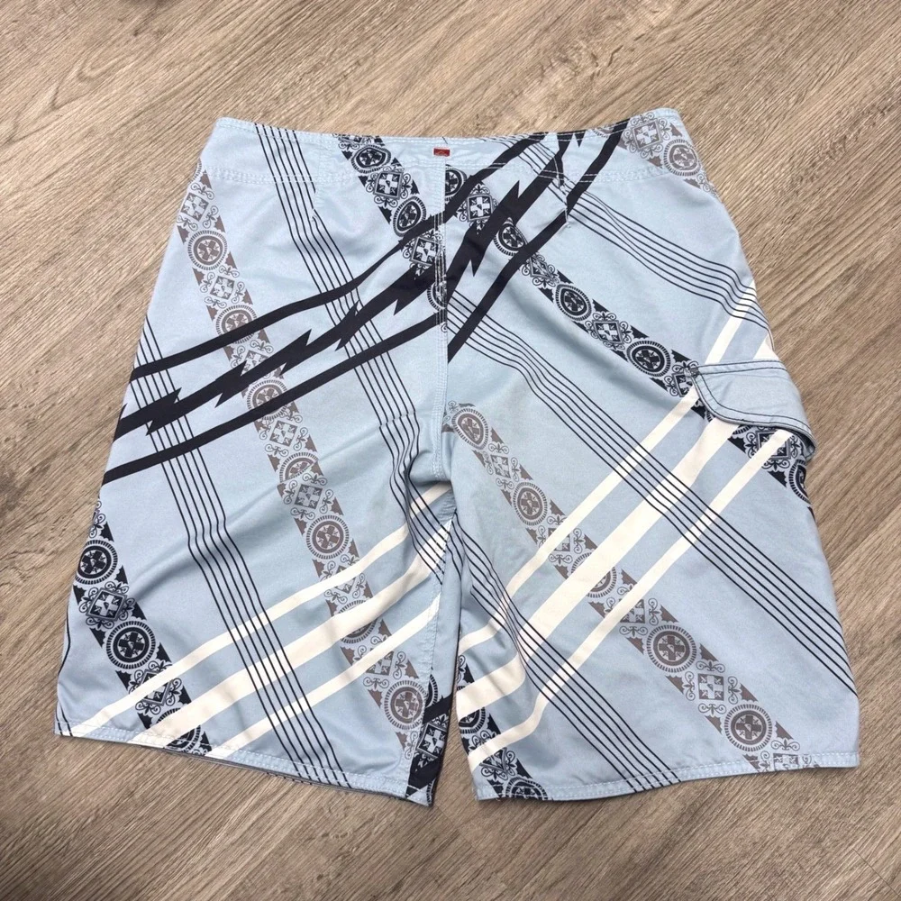 Vtg Y2K‎ Quiksilver Men Board Shorts Surf Blue Graphic Print Swim Trunks Size 36